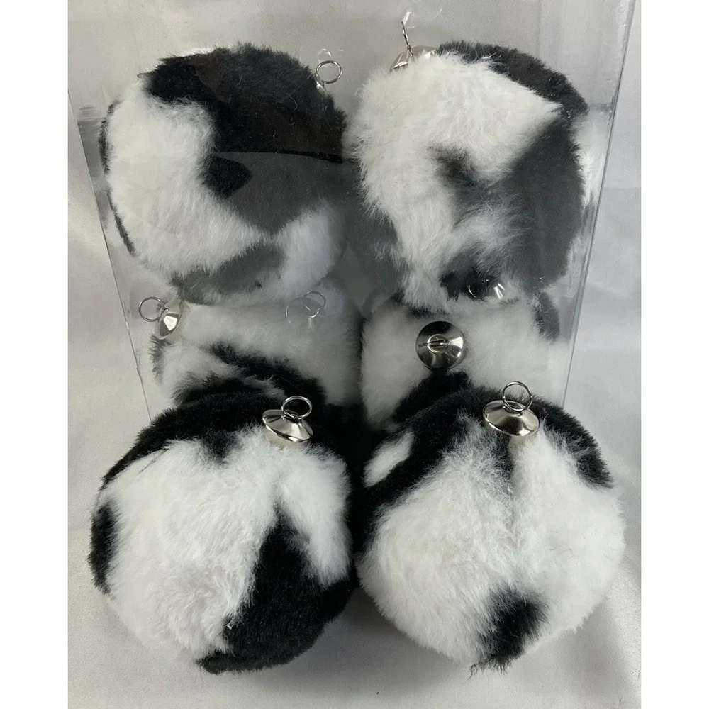 Cow Print Black And White Set Of 6 Fur Christmas Ball Ornaments